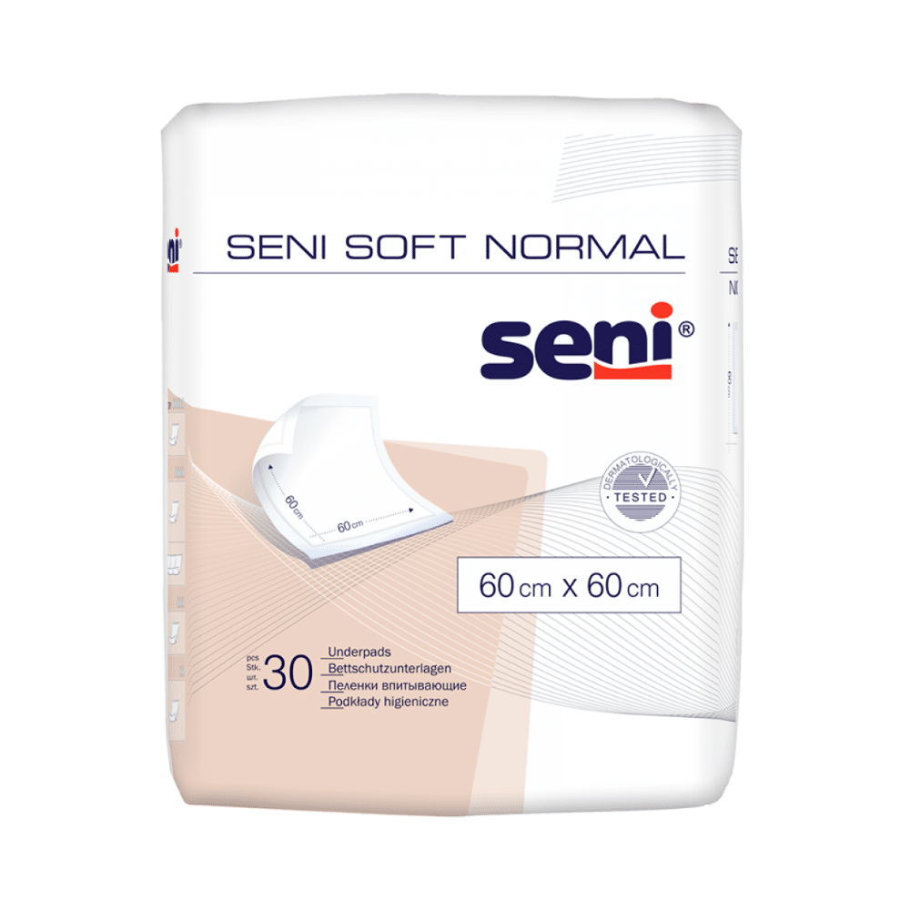 Un paquet de 30 protections de lit Seni Soft Normal (60 x 60 cm) de TZMO Deutschland GmbH est livré dans un emballage blanc avec du texte bleu et orange et une illustration de sous-couche, offrant une protection fiable.