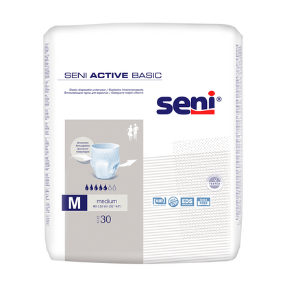 Un paquet de 30 pantalons d'incontinence Seni Active Basic en tailles M-XL de TZMO Deutschland GmbH. L'emballage principalement blanc contient du texte bleu et gris, une image de couche et des informations sur le produit. Convient pour des tours de taille de 60 à 110 cm.