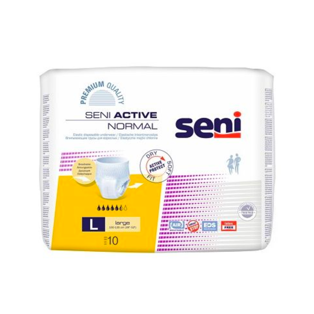 Seni Active Normal Inkontinenzpants de TZMO Deutschland GmbH : taille adulte Large, capacité de 1700 ml. Idéal pour l'incontinence urinaire, l'emballage montre des informations sur le produit, un diagramme et met en avant l'indicateur d'humidité.