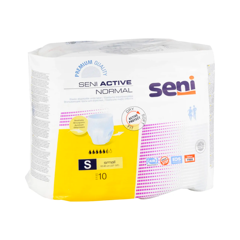 Seni Active Normal Inkontinenzpants de TZMO Deutschland GmbH, taille S, paquet de 10. L'emballage principalement blanc avec des accents jaunes montre la capacité d'absorption et un indicateur d'humidité pour l'incontinence urinaire.