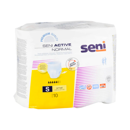 Seni Active Normal Inkontinenzpants de TZMO Deutschland GmbH, taille S, paquet de 10. L'emballage principalement blanc avec des accents jaunes montre la capacité d'absorption et un indicateur d'humidité pour l'incontinence urinaire.