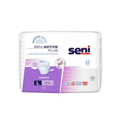 Un paquet de culottes d'incontinence Seni Active Plus de TZMO Deutschland GmbH, taille L, avec un design violet-blanc et des informations sur le produit à l'avant. Contient 10 couches à forte absorption pour faiblesse vésicale.