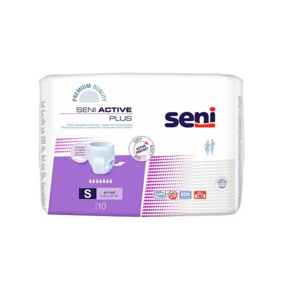 Un paquet de culottes d'incontinence Seni Active Plus de TZMO Deutschland GmbH en taille S présente un design violet-blanc avec le nom du produit, les fonctionnalités et les symboles clairement visibles sur l'emballage.