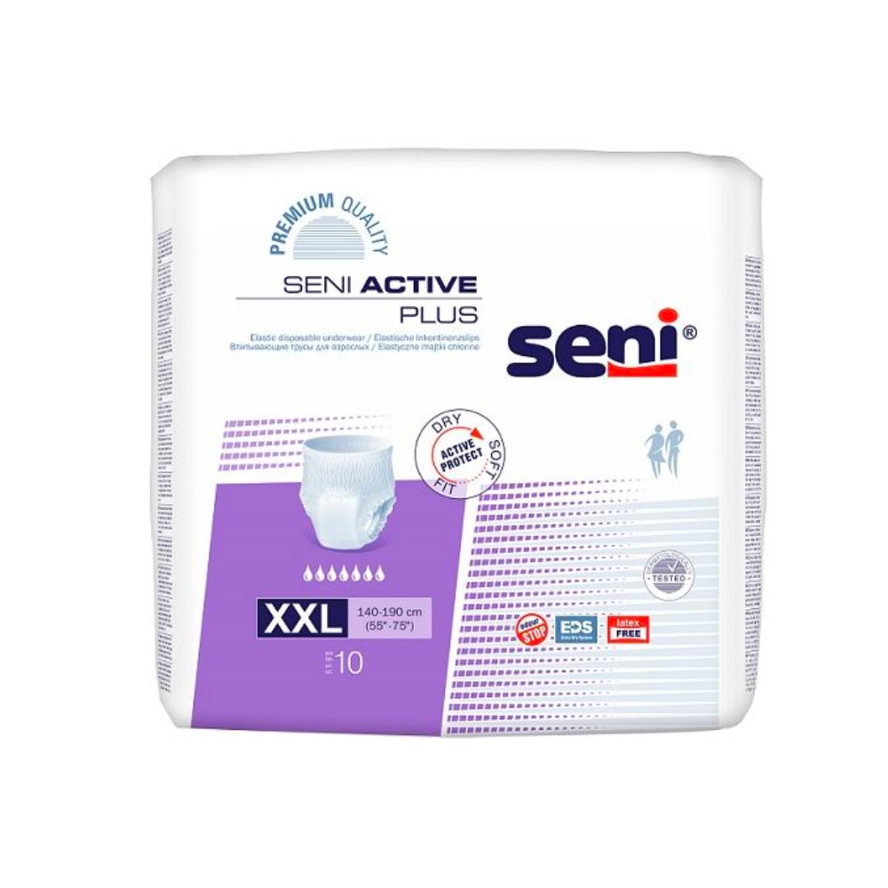 Un paquet de 10 culottes d'incontinence Seni Active Plus (taille XXL, 140-190 cm) de TZMO Deutschland GmbH est livré dans un emballage blanc-violet, montrant des détails du produit et une image de couche sur le devant.