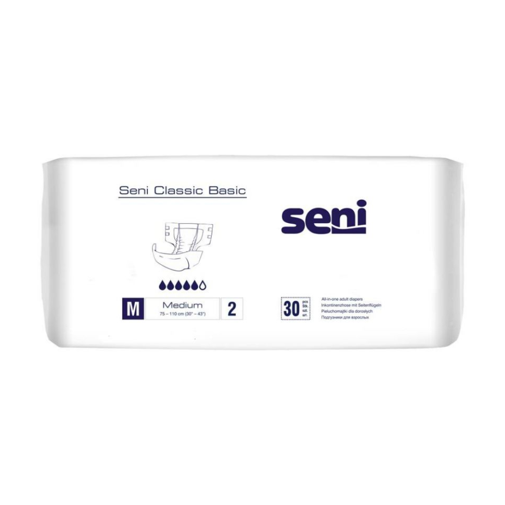 Un paquet blanc avec l'inscription « Seni Classic Basic Inkontinenzhose, taille S-XL » de TZMO Deutschland GmbH porte le logo Seni, un symbole de taille, des informations sur l'absorption, une couche extérieure respirante et indique que 30 pièces pour faiblesse vésicale sont incluses.
