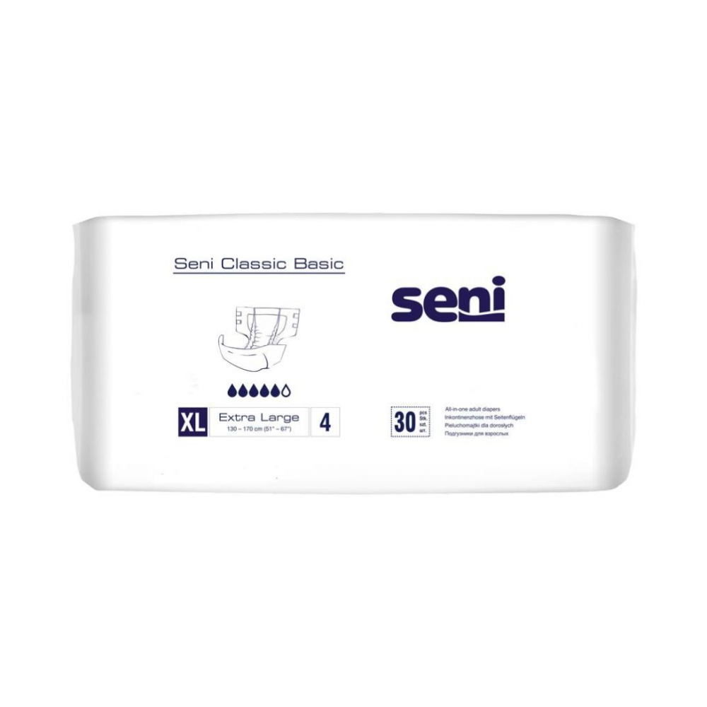Un paquet de 30 couches pour incontinence Seni Classic Basic (taille XL) de TZMO Deutschland GmbH pour faiblesse vésicale est doté de quatre symboles de goutte, l'emballage blanc est orné de texte bleu et de symboles bleus.