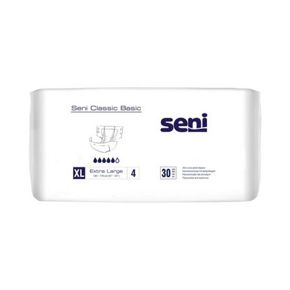 Un paquet de 30 couches pour incontinence Seni Classic Basic (taille XL) de TZMO Deutschland GmbH pour faiblesse vésicale est doté de quatre symboles de goutte, l'emballage blanc est orné de texte bleu et de symboles bleus.