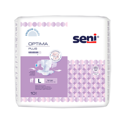 Un paquet de protections Seni Optima Plus avec ceinture (taille L) de TZMO Deutschland GmbH. L'emballage blanc avec des accents violets contient 10 pièces et affiche clairement les informations de marque et de produit à l'avant.