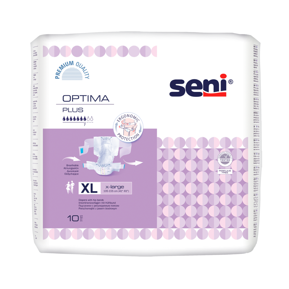 Un paquet de protections Seni Optima Plus avec ceinture de la TZMO Deutschland GmbH, taille XL, dans un design violet et blanc, offre une protection de ceinture de haute qualité et ergonomique. Contenu : 10 pièces.