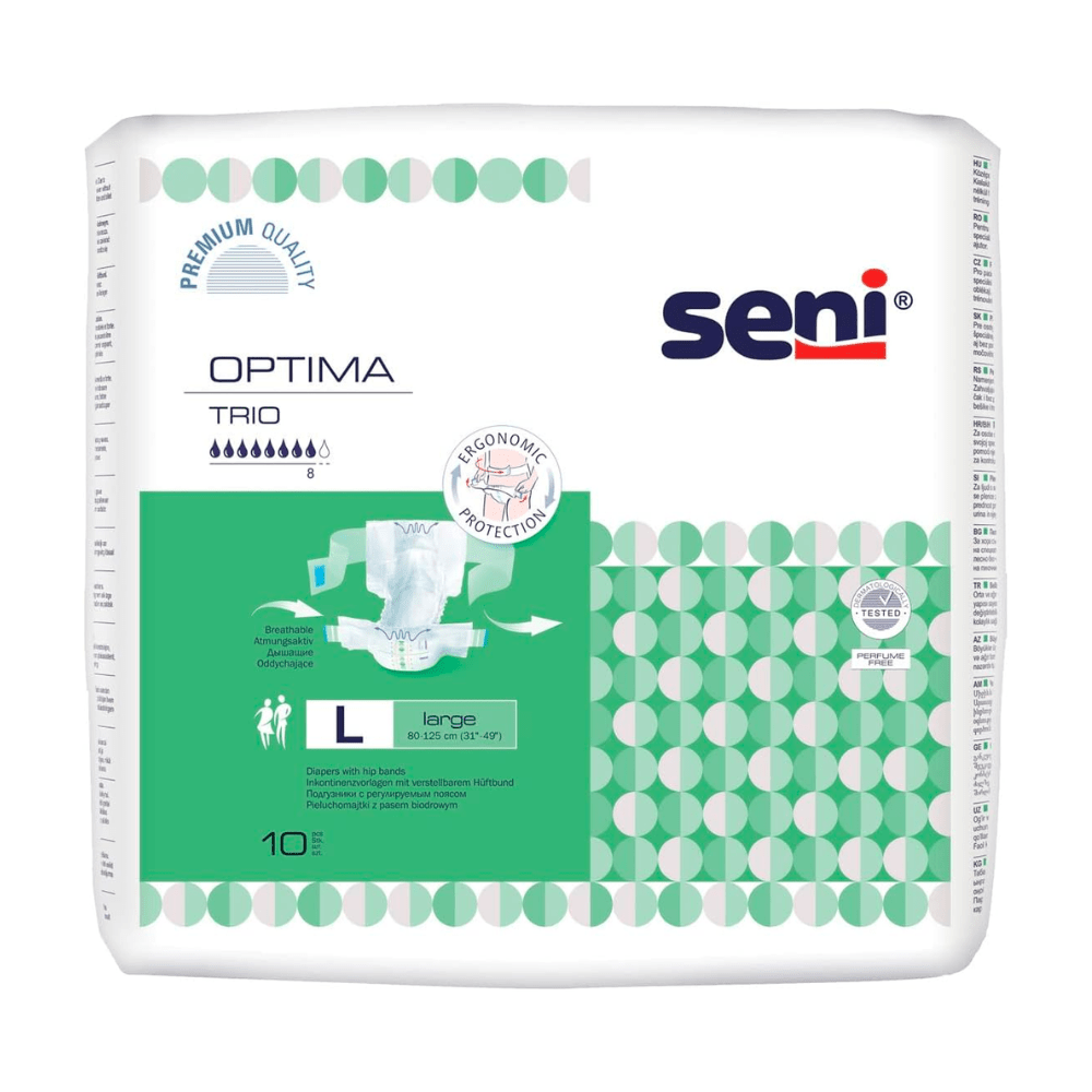 Un paquet de protections d'incontinence Seni Optima Trio avec ceinture de TZMO Deutschland GmbH, taille L, contenant 10 pièces, avec le texte « qualité premium » et des diagrammes illustrant l'application. L'emballage est blanc avec des accents verts et des motifs géométriques.