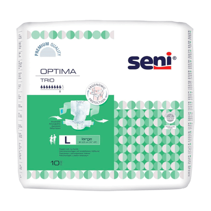 Un paquet de protections d'incontinence Seni Optima Trio avec ceinture de TZMO Deutschland GmbH, taille L, contenant 10 pièces, avec le texte « qualité premium » et des diagrammes illustrant l'application. L'emballage est blanc avec des accents verts et des motifs géométriques.