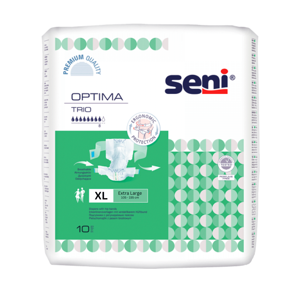 Un paquet de couches pour adultes Seni Optima Trio protections d'incontinence avec ceinture - 10 pièces de TZMO Deutschland GmbH avec une étiquette vert clair montrant un design de protection ergonomique. Le paquet contient 10 couches et dispose d'un branding de haute qualité.