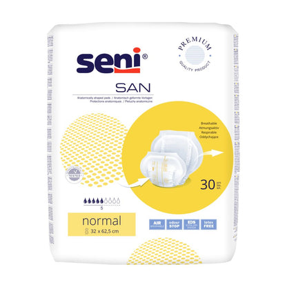 Un paquet de protections Seni San Normal Taille 5 avec 30 pièces, marqué par des détails de produit tels que "respirant", "anti-odeur" et "sans latex". La TZMO Deutschland GmbH.