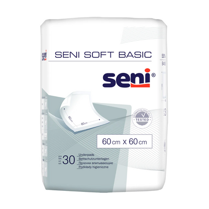 Un paquet de protections de lit Seni Soft Basic de TZMO Deutschland GmbH, avec image du produit, disponible en différentes tailles (par exemple, 60 x 60 cm), contient 30 protections et offre une protection avec des informations sur le produit en plusieurs langues.