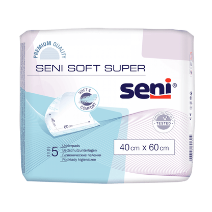 Un paquet de protections de lit Seni Soft Super de TZMO Deutschland GmbH, taille 40 cm x 60 cm, contient 5 protections dans un emballage blanc et bleu avec des informations sur le produit, des symboles de qualité et met l'accent sur la protection fiable au quotidien.