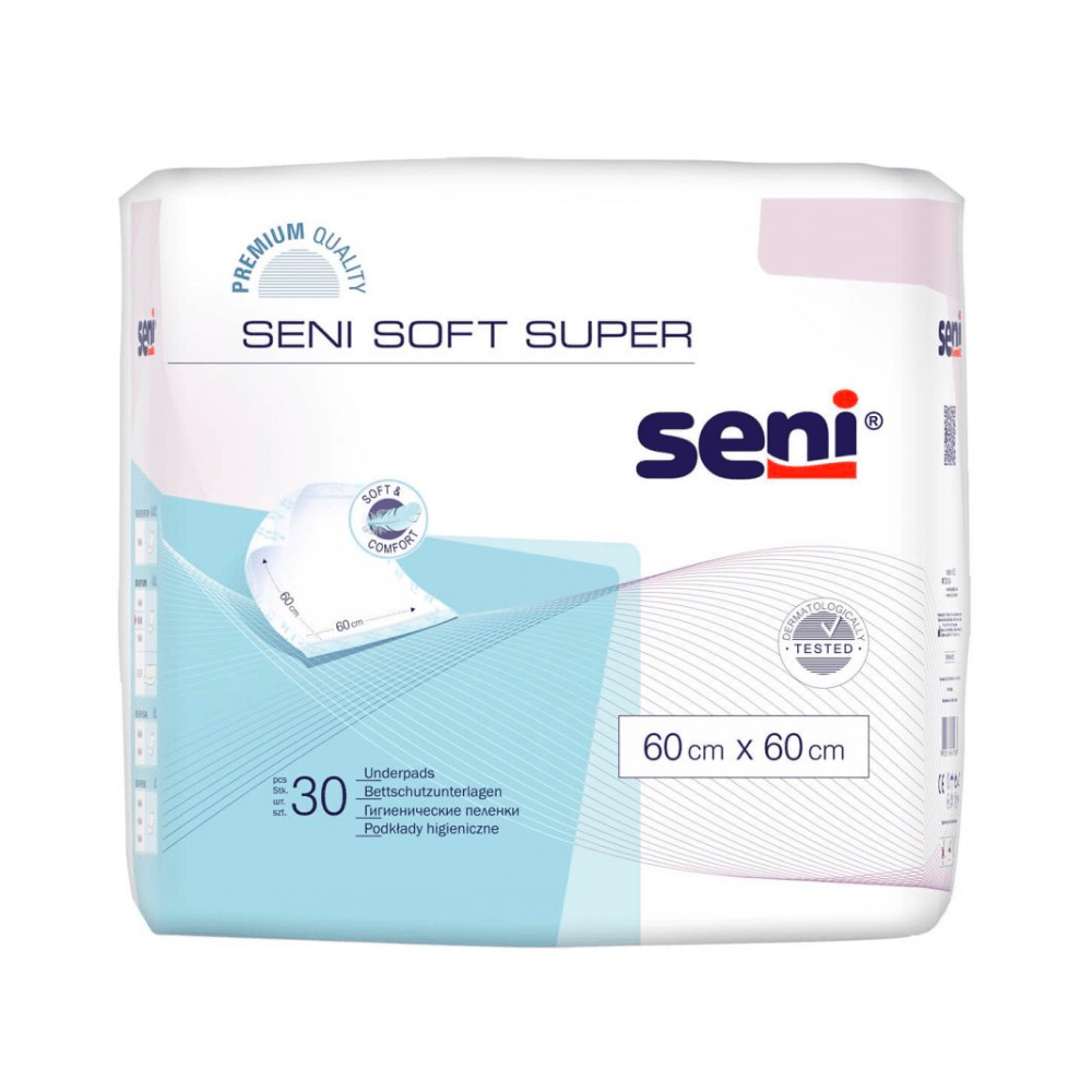 Un paquet de protections de lit Seni Soft Super de TZMO Deutschland GmbH, 60x60 cm, 30 pièces. L'emballage principalement blanc avec des accents bleus et violets contient des informations sur le produit, des logos et une étiquette de protection pour la sécurité.