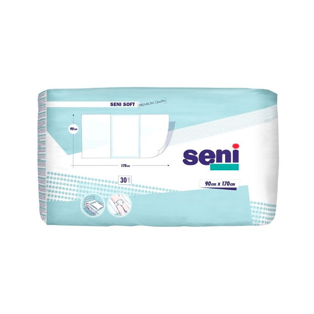 Un paquet rectangulaire de protections de lit Seni Soft Super de TZMO Deutschland GmbH, disponible en différentes tailles. L'emballage bleu et blanc affiche des informations sur le produit et des exemples d'utilisation. Le paquet contient 30 pièces au format 90 x 170 cm.