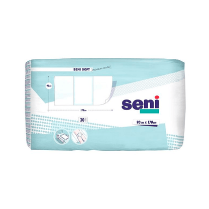 Un paquet rectangulaire de protections de lit Seni Soft Super de TZMO Deutschland GmbH, disponible en différentes tailles. L'emballage bleu et blanc affiche des informations sur le produit et des exemples d'utilisation. Le paquet contient 30 pièces au format 90 x 170 cm.