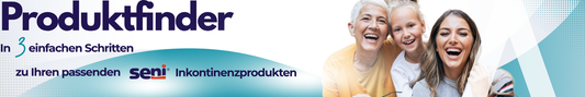 Produktfinder-Banner: ‚In 3 einfachen Schritten zu Ihren passenden Seni Inkontinenzprodukten‘ – daneben lachen eine Seniorin, ein Mädchen und eine junge Frau vor türkisem, grafischem Hintergrund.
