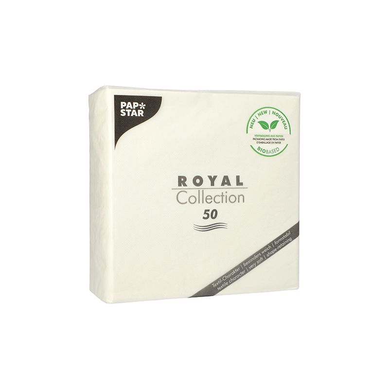 Un paquet de serviettes PAPSTAR « ROYAL Collection » 1/4-pli, contient 50 pièces et est idéal pour votre décoration de table. L'emballage présente une étiquette écologique avec un motif de feuille indiquant la compostabilité à 100%. Ces serviettes blanches, fabriquées par PAPSTAR GmbH, affichent un branding simple et élégant.
