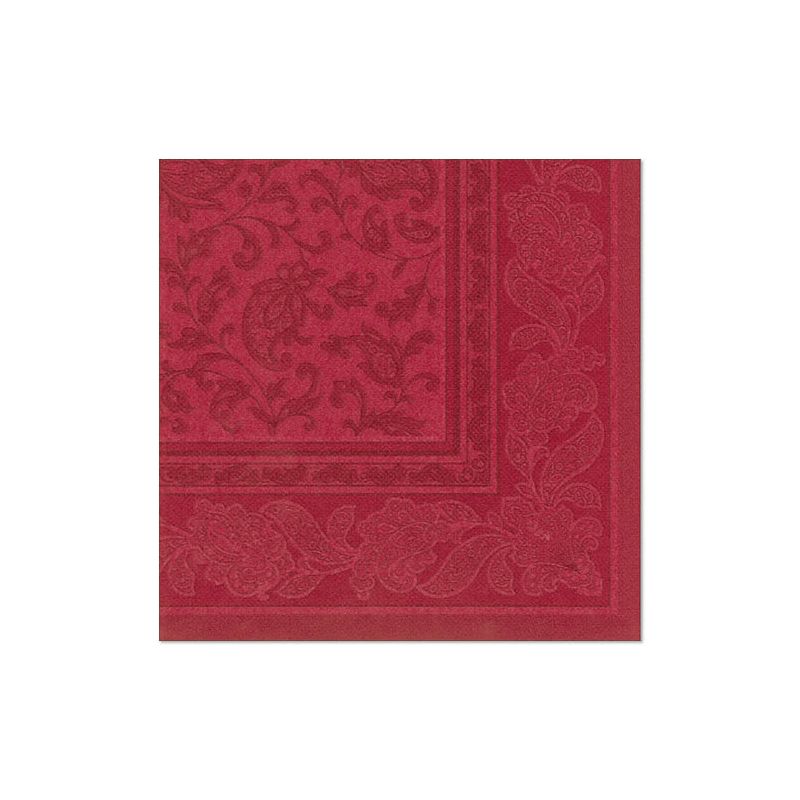 Les serviettes PAPSTAR GmbH "ROYAL Collection" 20 (1/4 pliage, 40x40 cm) sont des serviettes rouges carrées avec une bordure florale et paisley ornée - idéales pour une décoration de table élégante, ici sur fond blanc.