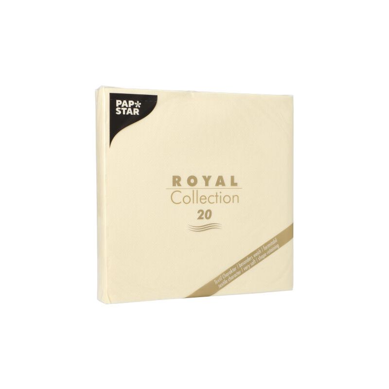 Eine Packung PAPSTAR Servietten „ROYAL Collection“ in einem Cremeton mit goldenem Text umfasst 20 Servietten und eignet sich perfekt für eine elegante Tischdekoration.