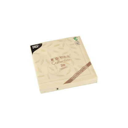 Un paquet carré beige de serviettes PAPSTAR 1/4 pli "ROYAL Collection" au format 40 cm x 40 cm présente un design de feuilles embossées. Le paquet contient une étoile sombre comme symbole de qualité et une marque verte dans le coin comme indication d'écologie. Il est donc parfaitement adapté pour apporter de l'élégance à votre décoration de table.