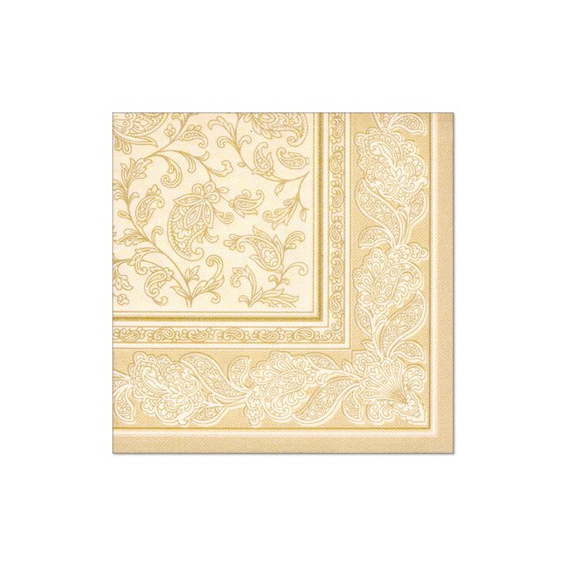 Les serviettes de la PAPSTAR GmbH "ROYAL Collection" au format 40 cm x 40 cm avec 1/4 pliage sont des serviettes en papier carrées avec un motif floral doré et paisley élaboré sur fond crème. Parfaites pour la décoration de table, le bord montre un motif décoratif dense qui complète magnifiquement le design central.