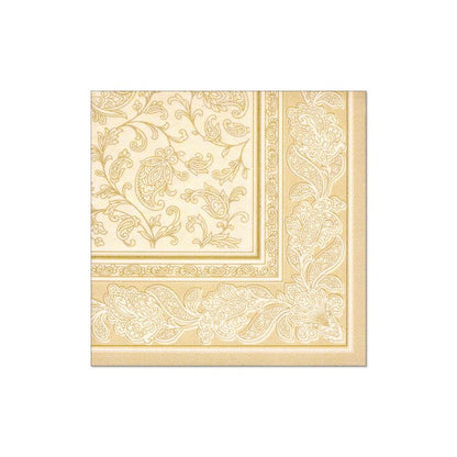 Les serviettes de la PAPSTAR GmbH "ROYAL Collection" au format 40 cm x 40 cm avec 1/4 pliage sont des serviettes en papier carrées avec un motif floral doré et paisley élaboré sur fond crème. Parfaites pour la décoration de table, le bord montre un motif décoratif dense qui complète magnifiquement le design central.