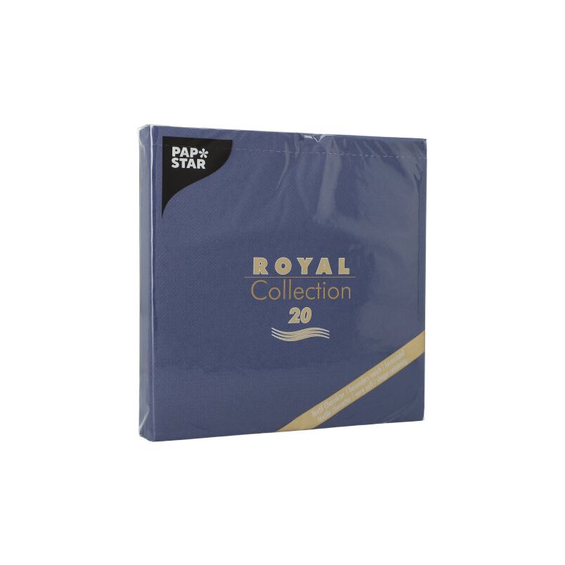 Les 20 serviettes « ROYAL Collection » de la PAPSTAR GmbH au format 40x40 cm, pli 1/4, viennent dans un emballage bleu avec des lettres dorées et blanches et une bande dorée diagonale - idéales pour une décoration de table élégante.