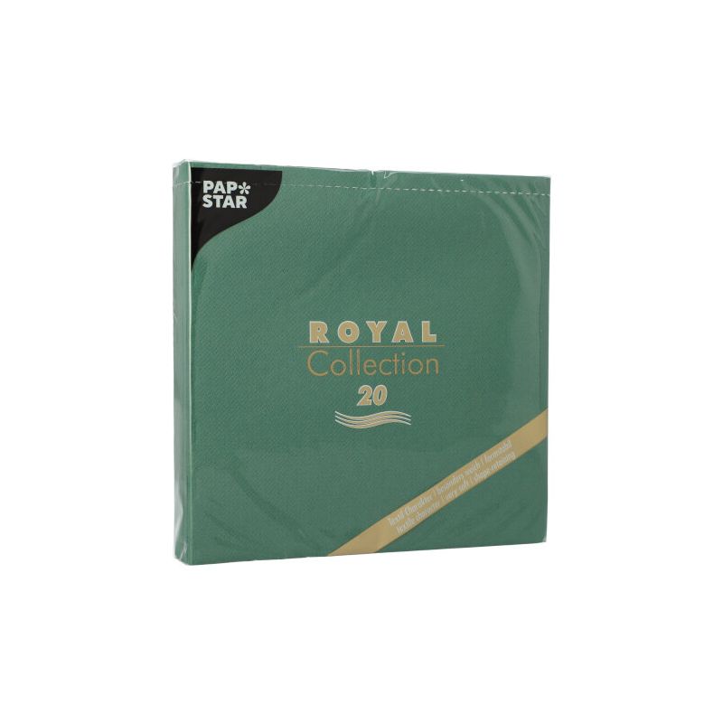Un paquet vert de PAPSTAR serviettes « ROYAL Collection » pliées en 1/4 au format 40 cm x 40 cm avec 20 pièces est parfait pour votre décoration de table. L'emballage met en valeur le nom de la marque « PAPSTAR GmbH » avec le texte « Royal Collection 20 » en lettres dorées élégantes.