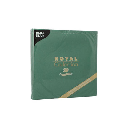 Un paquet vert de PAPSTAR serviettes « ROYAL Collection » pliées en 1/4 au format 40 cm x 40 cm avec 20 pièces est parfait pour votre décoration de table. L'emballage met en valeur le nom de la marque « PAPSTAR GmbH » avec le texte « Royal Collection 20 » en lettres dorées élégantes.