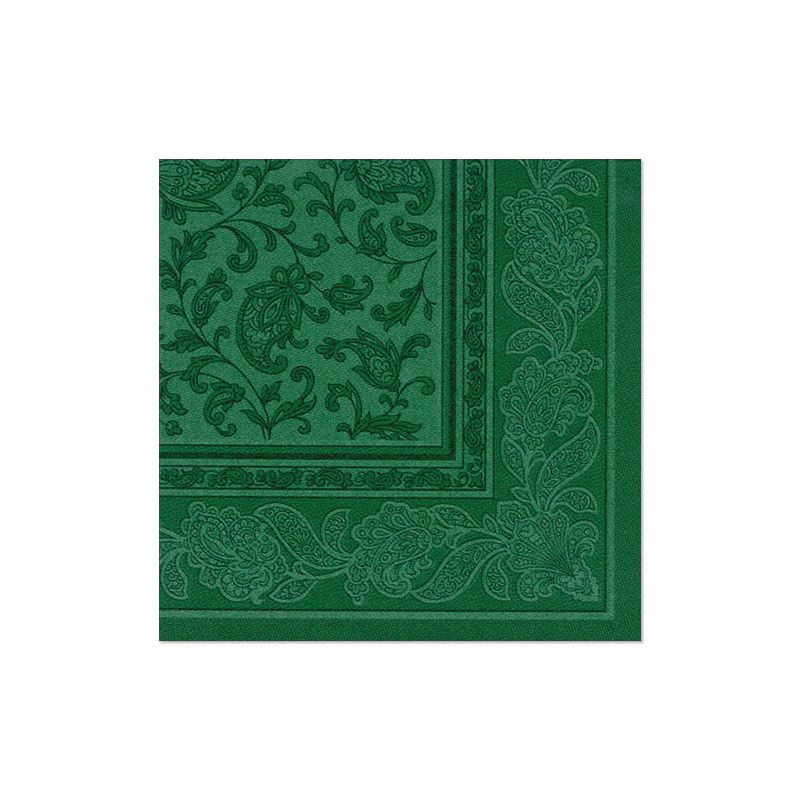 Les serviettes PAPSTAR 20 "ROYAL Collection" 1/4 pliage 40x40 cm de PAPSTAR GmbH avec une bordure verte paisley et florale sur fond blanc rehaussent toute table dressée.