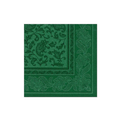 Les serviettes PAPSTAR 20 "ROYAL Collection" 1/4 pliage 40x40 cm de PAPSTAR GmbH avec une bordure verte paisley et florale sur fond blanc rehaussent toute table dressée.