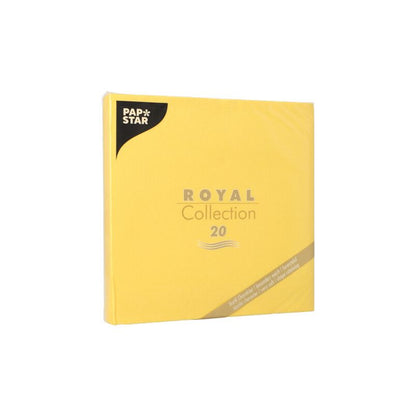 Image d'un paquet jaune avec l'inscription "ROYAL Collection 20" et le logo PAPSTAR dans le coin supérieur gauche. Le paquet contient 20 serviettes en papier, idéales pour une décoration de table élégante.