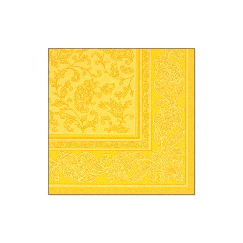 Une serviette jaune de la PAPSTAR "ROYAL Collection" avec une bordure florale et paisley détaillée embellit idéalement votre décoration de table.