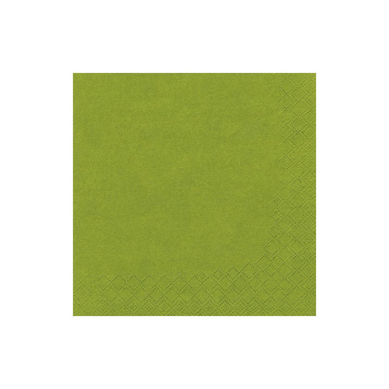 Eine grüne, quadratische PAPSTAR GmbH 3lagig 1/4-Falz Serviette mit dezentem Strukturrand steht mittig auf weißem Hintergrund.