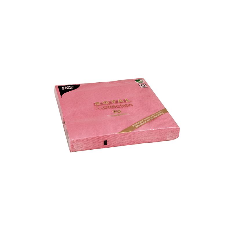 Un paquet de serviettes PAPSTAR 1/4-pli 40 cm x 40 cm de la « ROYAL Collection » de PAPSTAR GmbH apporte une touche élégante à votre décoration de table. L'emballage souligne que ces serviettes roses sont à double épaisseur et écologiques, offrant à la fois élégance et durabilité pour votre décoration de table.