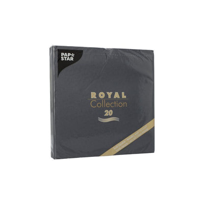 Représenté est un paquet noir PAPSTAR 20 serviettes « ROYAL Collection » pli 1/4 (40x40 cm) de la PAPSTAR GmbH avec lettrage doré sur fond blanc - idéal pour une décoration de table élégante.