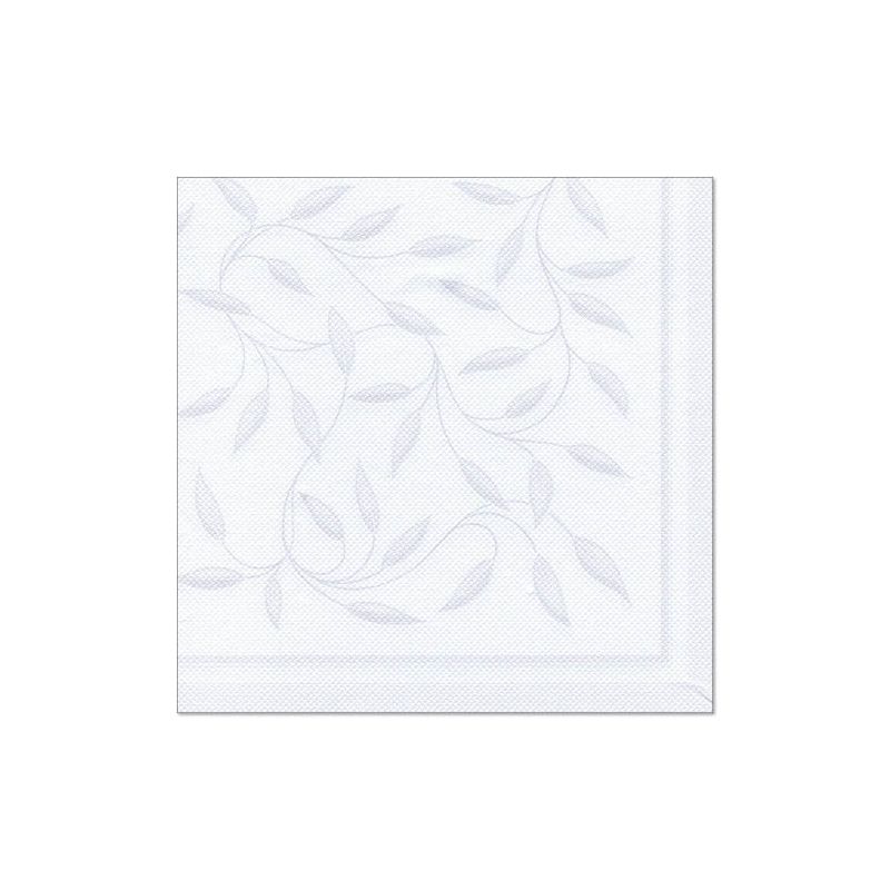 Une serviette blanche de la PAPSTAR "ROYAL Collection" serviettes 1/4 pli, de 40 cm x 40 cm avec un motif discret de feuilles gris clair, repose à plat sur un fond blanc simple. Parfait pour ajouter une touche d'élégance à votre ensemble de table et de serviettes de la PAPSTAR GmbH.