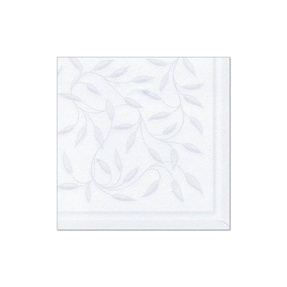 Une serviette blanche de la PAPSTAR "ROYAL Collection" serviettes 1/4 pli, de 40 cm x 40 cm avec un motif discret de feuilles gris clair, repose à plat sur un fond blanc simple. Parfait pour ajouter une touche d'élégance à votre ensemble de table et de serviettes de la PAPSTAR GmbH.