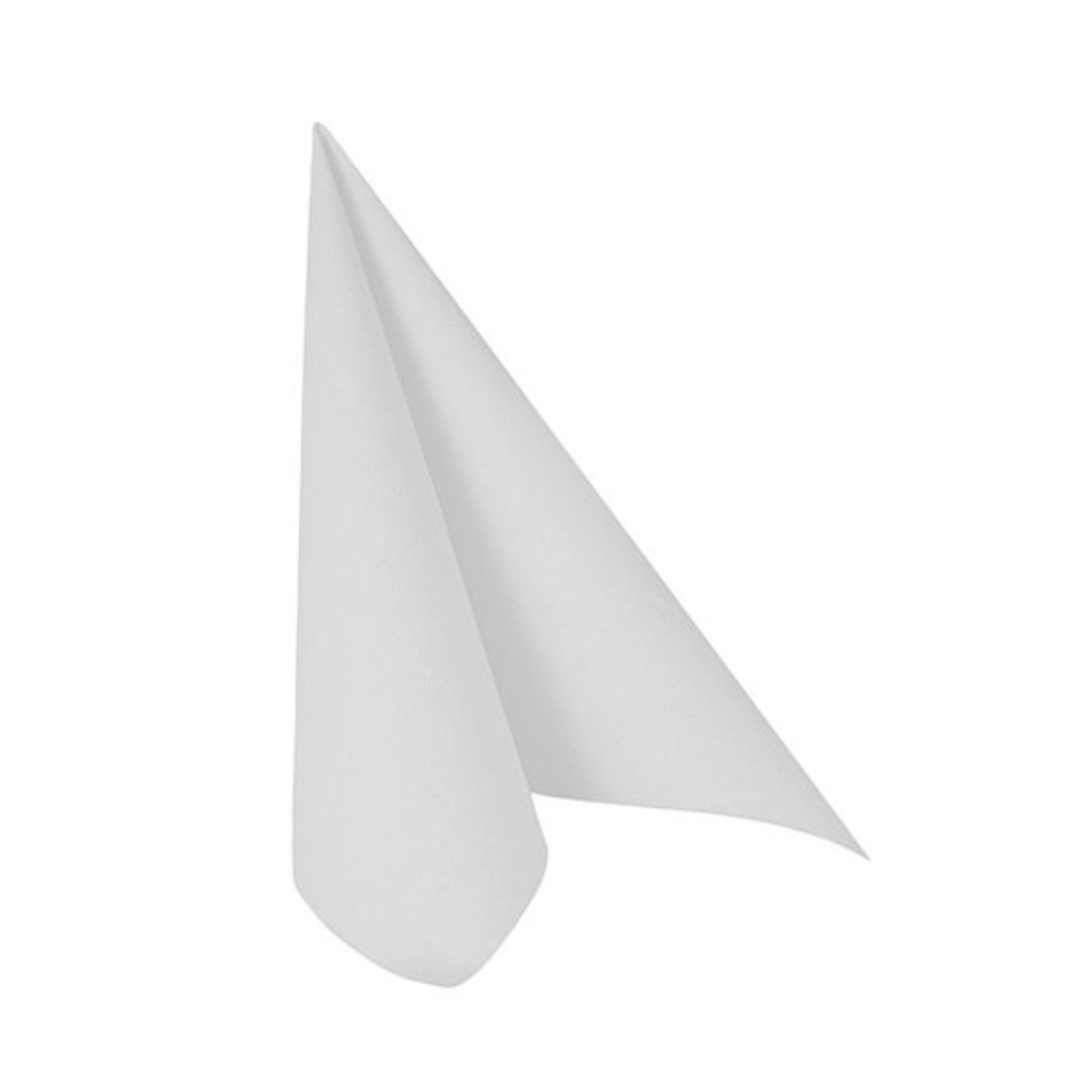 Une serviette pliée PAPSTAR de la « ROYAL Collection » en blanc, debout devant un fond blanc simple.