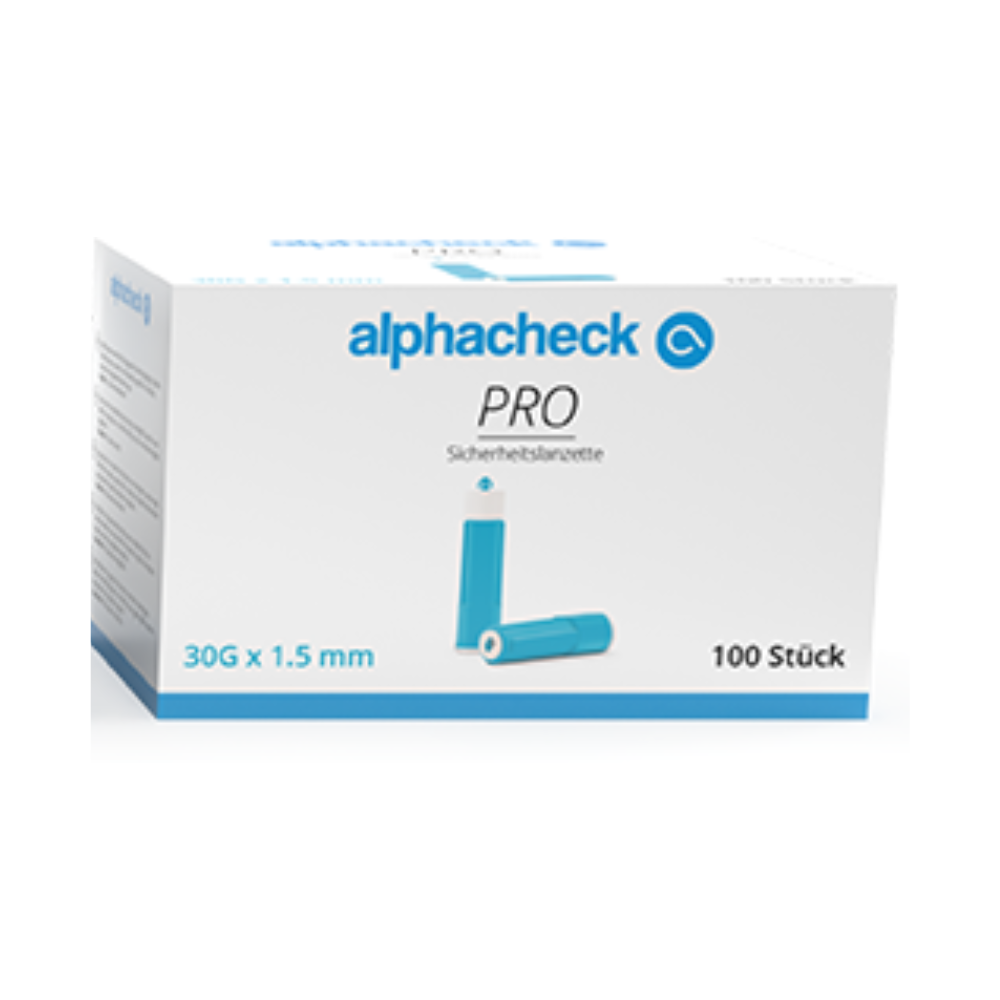 Une boîte avec l'inscription « Alphacheck PRO lancettes de sécurité, différentes tailles » de Berger Med GmbH, qui contient 100 lancettes de sécurité pour les tests de glycémie chez les diabétiques. Sur l'emballage, une lancette bleue est illustrée ainsi que la mention « 30G x 1,5 mm », idéale pour le prélèvement capillaire de sang.