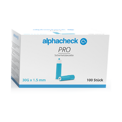 Une boîte avec l'inscription « Alphacheck PRO lancettes de sécurité, différentes tailles » de Berger Med GmbH, qui contient 100 lancettes de sécurité pour les tests de glycémie chez les diabétiques. Sur l'emballage, une lancette bleue est illustrée ainsi que la mention « 30G x 1,5 mm », idéale pour le prélèvement capillaire de sang.