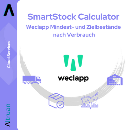 Logo et graphique publicitaire pour « SmartStock Calculator: Calculateur de stock minimum et cible Weclapp basé sur la consommation » d'Altruan avec les symboles d'un camion, d'une boîte cadeau et d'un diagramme comme symbole de gestion des stocks sur un fond clair.