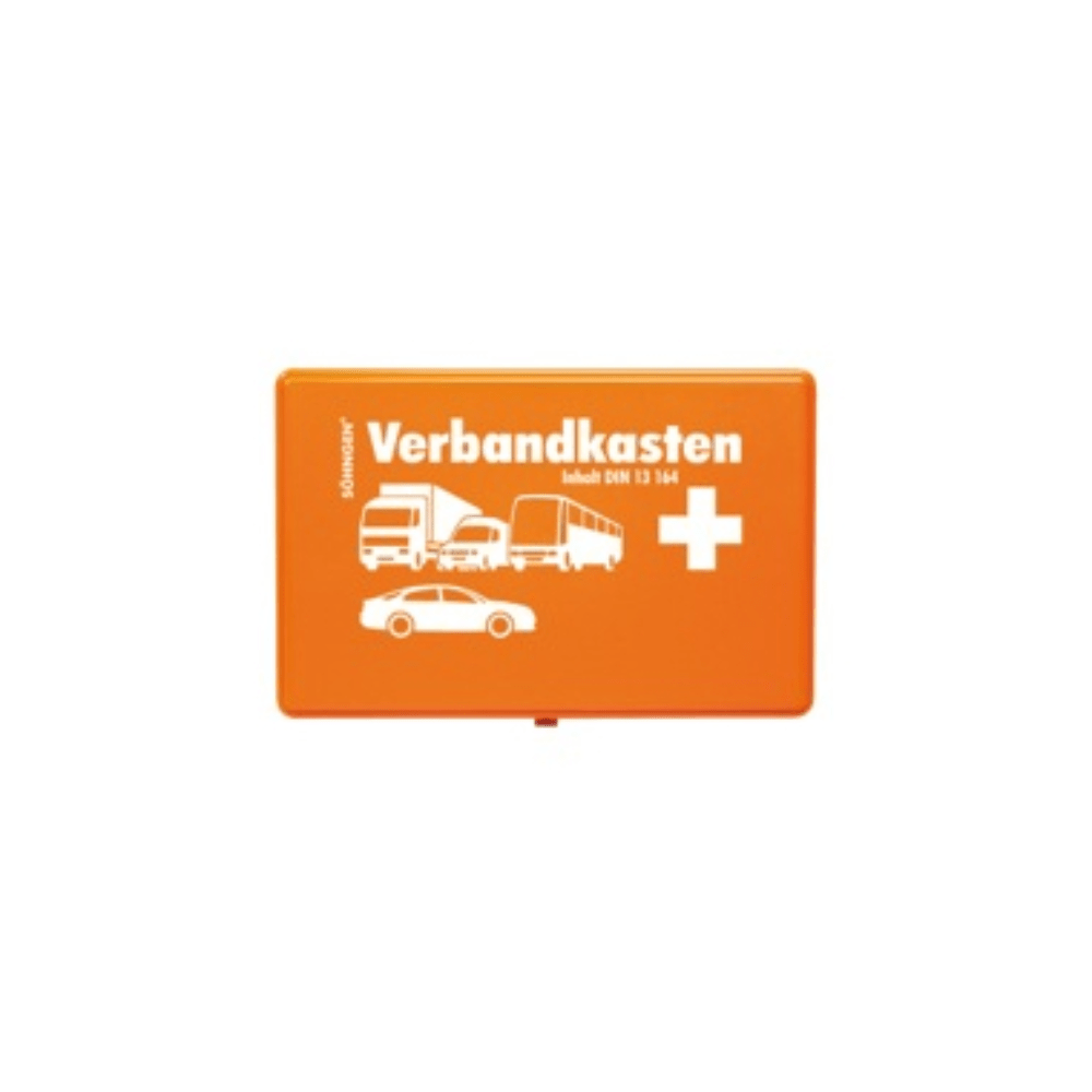 La boîte de premiers secours orange Söhngen KFZ avec contenu de la W. Söhngen GmbH est équipée d'une inscription "Verbandkasten" en blanc, d'un symbole de croix et de symboles de véhicule sur le couvercle - parfaite pour les premiers secours selon DIN 13164. Emballage (1 pièce).