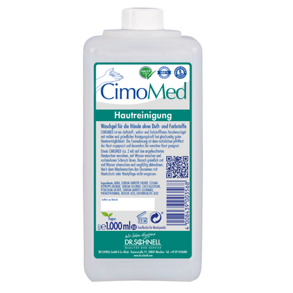 Une bouteille en plastique blanche de 1000 ml Dr. Schnell de gel lavant pour les mains CIMOMED, sans parfum ni colorant, pour le nettoyage de la peau de DR.SCHNELL GmbH & Co. KGaA, idéal pour les peaux sensibles avec étiquette bleue/verte, QR code, certifications et notice en allemand.