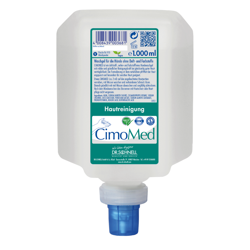 Une bouteille blanche de 1000 ml Dr. Schnell de gel lavant pour les mains CIMOMED, sans parfum ni colorant pour le nettoyage de la peau de DR.SCHNELL GmbH & Co. KGaA, avec bouchon distributeur bleu et étiquette allemande avec ingrédients et instructions d'utilisation pour les peaux sensibles.