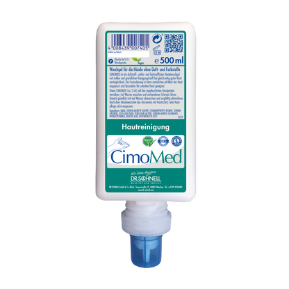 Une bouteille de 500 ml Dr. Schnell de gel lavant pour les mains CIMOMED de DR.SCHNELL GmbH & Co. KGaA, sans parfum ni colorant pour le nettoyage de la peau, avec logo blanc en allemand et distributeur bleu - idéal pour les peaux sensibles.