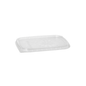 Couvercle rectangulaire transparent avec des coins arrondis et un motif floral au centre, idéal comme couvercle Starpak pour gobelets d'emballage PP pour des contenants gastronomiques pratiques à emporter.